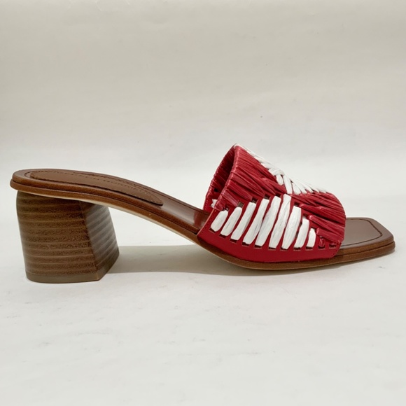 Sigerson Morrison Marnin Red White Brown Leather Heeled Slide Sandals Mules  8 - Picture 9 of 10